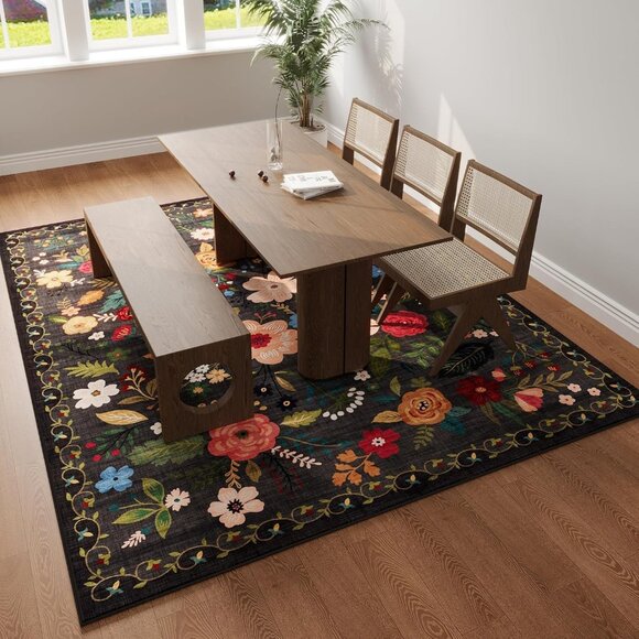 New 5x7 Black Area Rug, Washable Vintage Floral Non-Slip Carpet for Any Room - Picture 3 of 9